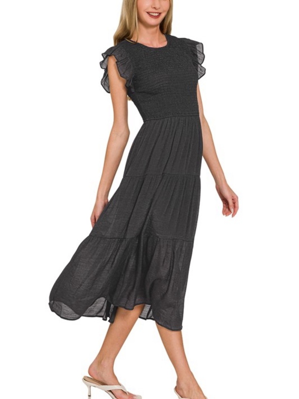 NWT Zenana Black Woven Smocked Ruffle Sleeve Midi Dress - Picture 2 of 5